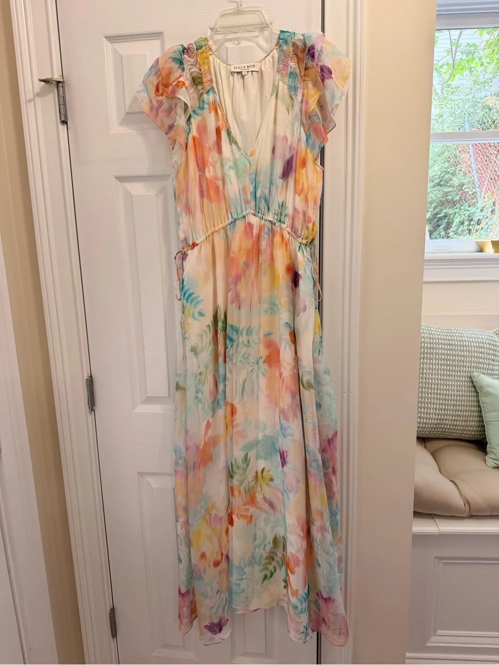 Hale Bob Pastel Multi Watercolor Silk  Floral V-Neck Maxi Dress